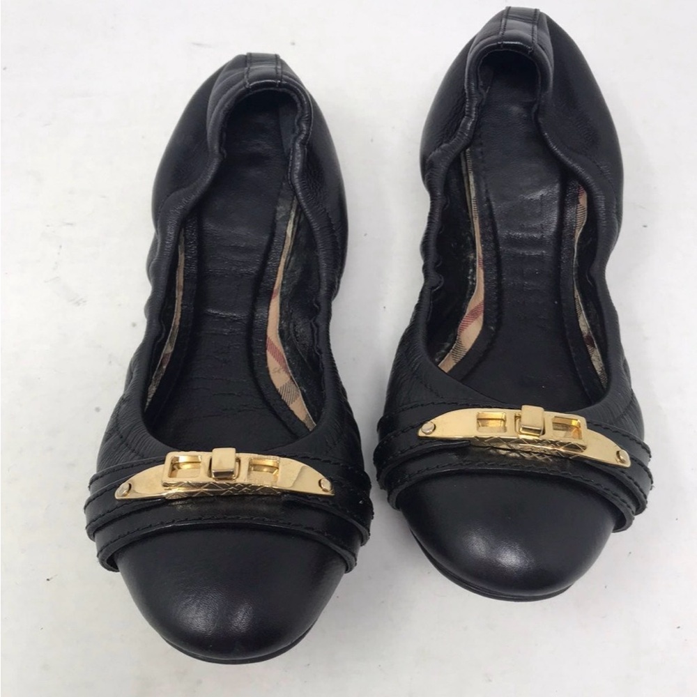 Burberry Black Leather Flats with Gold Accent